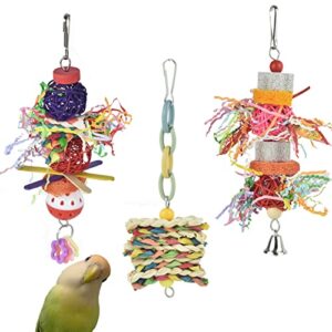 3 pack bird shredding chewing parakeet toys, hanging parrot shredder conure foraging cage toy, bird treats feeder toys with bird beak grinding stone loofah ball for cockatiel budgie canaries lovebirds