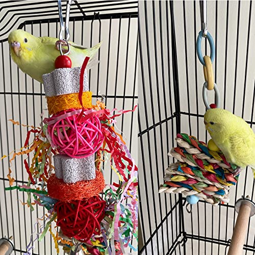 3 Pack Bird Shredding Chewing Parakeet Toys, Hanging Parrot Shredder Conure Foraging Cage Toy, Bird Treats Feeder Toys with Bird Beak Grinding Stone Loofah Ball for Cockatiel Budgie Canaries Lovebirds