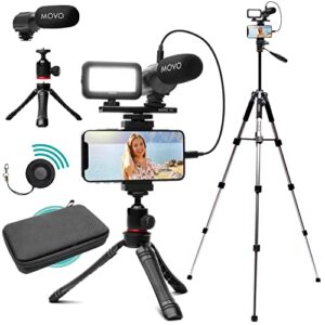 movo ivlogger vlogging kit for iphone with fullsize tripod - lightning compatible vlog kit- accessories: tripods, phone mount, led light and shotgun mic for youtube starter kit