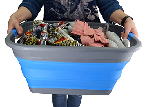 SAMMART 36L (9.5 gallon) Collapsible Plastic Laundry Basket-Foldable Pop Up Storage Container/Organizer-Portable Washing Tub-Space Saving Hamper, Water capacity: 28L(7.4 gallon) (1, Grey/Blue)