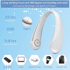 MQ Portable Neck Fan, Cooling Personal Fans Hands Free Bladeless Fan 3 Speeds Adjustment Rechargeable USB Powered Wearable Headphone Design Hanging Neck Fan Personal Fan, White