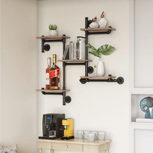 maikailun industrial floating pipe wall mounted shelves rustic modern wood shelving bookcase 5 layer ladder hanging bookshelf for home bathroom office kitchen decor(e)