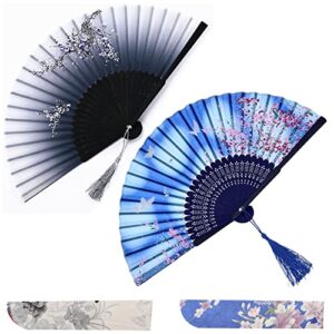 woheni silk folding fan, bamboo hand fan japanese vintage retro style handmade handheld fan with a fabric sleeve and tassels for home decoration party wedding dancing gift (blue+black)