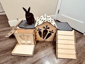 indoor bunny rabbit castle, hideout and wooden house playset with ramps, hay feeder & waste tray