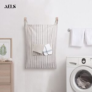 AELS Farmhouse Hanging Laundry Hamper with 2 Hooks, Washable Beige & Stripes Linen Laundry Bag with Zipper & Wide Open Top, Over the Door Organizer for Dirty Clothes, Space Saving Storage