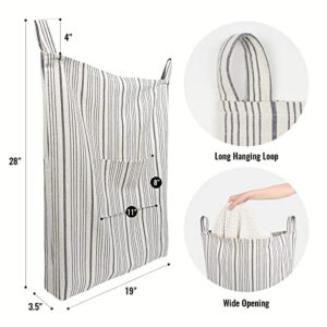 AELS Farmhouse Hanging Laundry Hamper with 2 Hooks, Washable Beige & Stripes Linen Laundry Bag with Zipper & Wide Open Top, Over the Door Organizer for Dirty Clothes, Space Saving Storage