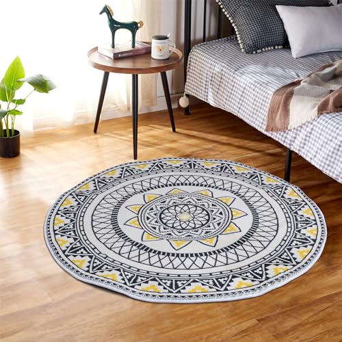 Boho Round Rugs,3ft Non Slip Throw Area Rug,Fluffy Machine Washable Bedroom Carpet,Living Room Decor Carpet,Faux Fur Area Rugs for Bathroom Bedroom Yellow