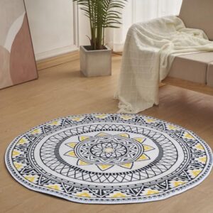 Boho Round Rugs,3ft Non Slip Throw Area Rug,Fluffy Machine Washable Bedroom Carpet,Living Room Decor Carpet,Faux Fur Area Rugs for Bathroom Bedroom Yellow