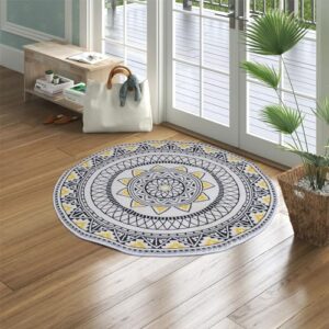 Boho Round Rugs,3ft Non Slip Throw Area Rug,Fluffy Machine Washable Bedroom Carpet,Living Room Decor Carpet,Faux Fur Area Rugs for Bathroom Bedroom Yellow