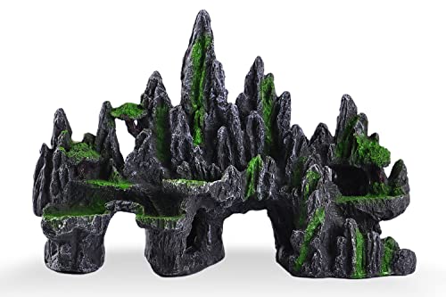 IBWell Aquarium Ornament Rock Cave Landscape, Artificial Mountain Hill View Stone with Moss, Fish Tank Decoration