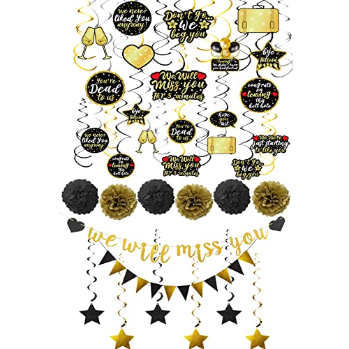 Farewell Party Decorations Supplies Kit -We Will Miss You Banner, Triangle Flag, 6Pcs Star Swirl, 6Pcs Pom,30Pcs Hanging Swirls- Great for Retirement Farewell Going Away Job Change Party Decorations