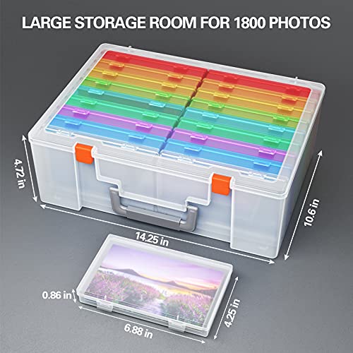 iBune Large 4" x 6" Photo Storage Box, 18 Inner Photo Cases Store up to 1800 Photos, Photo Organizer Cards Craft Keeper with Handle for Photo Puzzles Cards Seed Packets, Rainbow