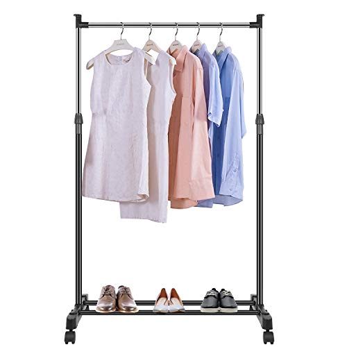 TeqHome Garment Racks 3.12ft-4.80ft Height Adjustable Clothes Stand,15kg/33lbs Foldable Clothes Hanger w/ Wheels Storage Shelf For Dormitory Home