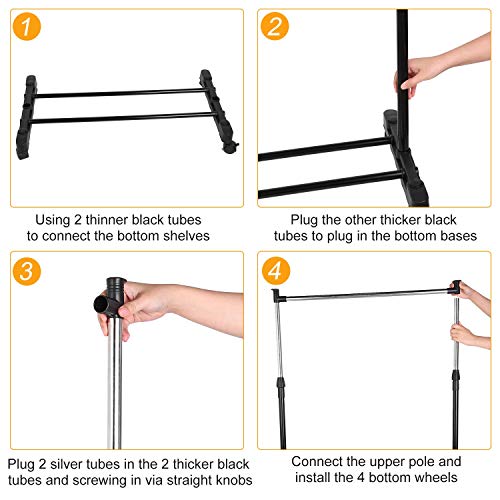 TeqHome Garment Racks 3.12ft-4.80ft Height Adjustable Clothes Stand,15kg/33lbs Foldable Clothes Hanger w/ Wheels Storage Shelf For Dormitory Home