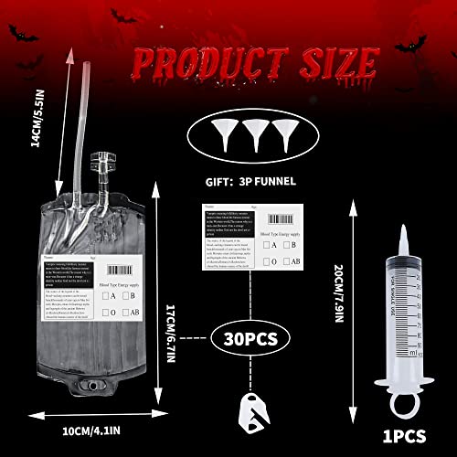 GonLei 30 Packs Blood Bags, Reusable IV Bags for Drinks, Halloween Vampire for Zombie Blood Bag Drink Container(30pcs Clips and 11.8 Oz Bag, 30 Label, 3 funnels, 1 Syringes)