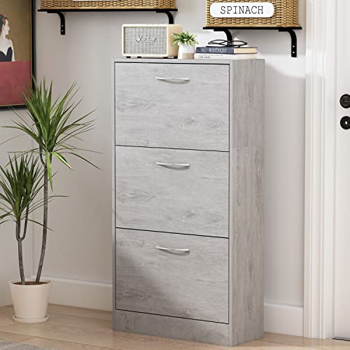 DiDuGo Shoe Cabinet with 3 Flip Drawers, Slim Shoe Storage Cabinet for Entryway Grey (22.4”W x 9.4”D x 42.1”H)