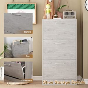 DiDuGo Shoe Cabinet with 3 Flip Drawers, Slim Shoe Storage Cabinet for Entryway Grey (22.4”W x 9.4”D x 42.1”H)