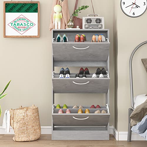 DiDuGo Shoe Cabinet with 3 Flip Drawers, Slim Shoe Storage Cabinet for Entryway Grey (22.4”W x 9.4”D x 42.1”H)