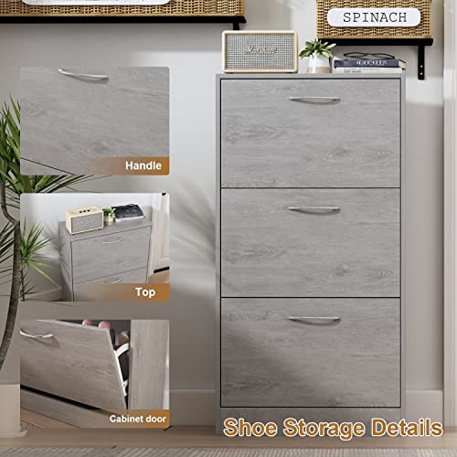DiDuGo Shoe Cabinet with 3 Flip Drawers, Slim Shoe Storage Cabinet for Entryway Grey (22.4”W x 9.4”D x 42.1”H)