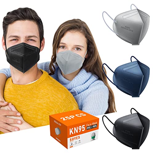 25PCS KN95 Face Mask, 5-Ply Safety Masks for Aldult Men & Women Filter Efficiency≥95% (Blue, Black, Grey)