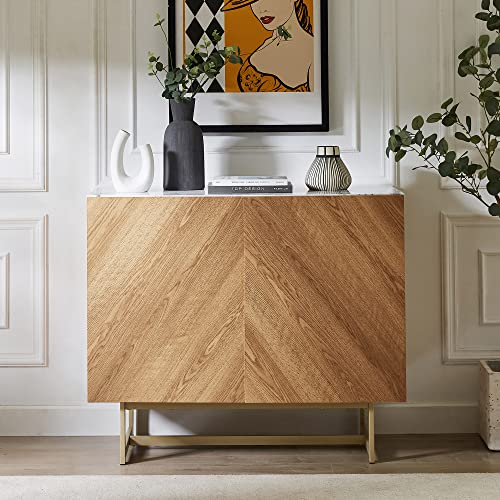 roomfitters 39" Modern Sideboard Buffet Cabinet, Herringbone Pattern Mid-Century Credenza with Doors, Media Console with Storage, Wine Cabinet for Kitchen, Living Room, Entryway, Oak, Gold Metal Legs