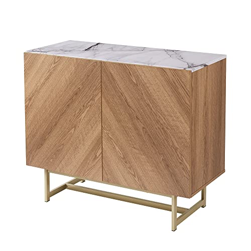 roomfitters 39" Modern Sideboard Buffet Cabinet, Herringbone Pattern Mid-Century Credenza with Doors, Media Console with Storage, Wine Cabinet for Kitchen, Living Room, Entryway, Oak, Gold Metal Legs