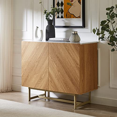 roomfitters 39" Modern Sideboard Buffet Cabinet, Herringbone Pattern Mid-Century Credenza with Doors, Media Console with Storage, Wine Cabinet for Kitchen, Living Room, Entryway, Oak, Gold Metal Legs