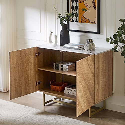 roomfitters 39" Modern Sideboard Buffet Cabinet, Herringbone Pattern Mid-Century Credenza with Doors, Media Console with Storage, Wine Cabinet for Kitchen, Living Room, Entryway, Oak, Gold Metal Legs