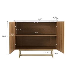 roomfitters 39" Modern Sideboard Buffet Cabinet, Herringbone Pattern Mid-Century Credenza with Doors, Media Console with Storage, Wine Cabinet for Kitchen, Living Room, Entryway, Oak, Gold Metal Legs