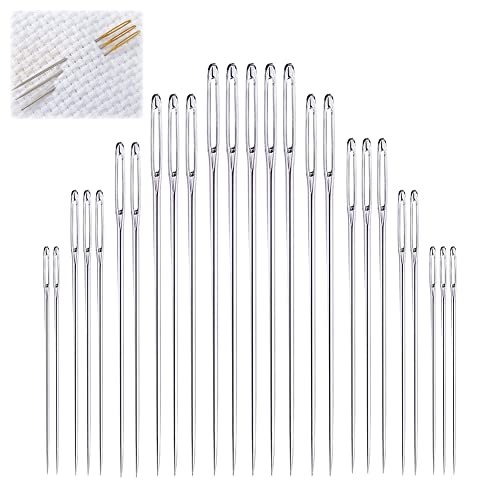Large Eye Sewing Needles, Embroidery Needles, Stainless Steel, 25 Pieces Sharp Needles with Wooden Needle Case Carving Pattern