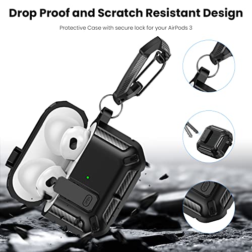 ACAGET for Airpods 3 Case Cover with Keychain, Secure Lock Full Body Protective Rugged Airpods 3 Case Shockproof Hard Shell Armor Case for AirPods 3rd Generation Supports Wireless Charge Men Boy Black