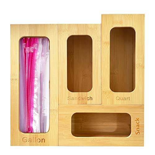 Food Storage Bag Organizer Holders, Bamboo Ziplock Bag Storage Organizer Dispenser for Kitchen Drawer, Compatible with Ziploc, Solimo, Glad, Hefty for Gallon, Quart, Sandwich, Snack Variety Size Bags