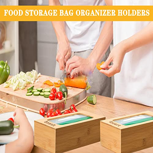 Food Storage Bag Organizer Holders, Bamboo Ziplock Bag Storage Organizer Dispenser for Kitchen Drawer, Compatible with Ziploc, Solimo, Glad, Hefty for Gallon, Quart, Sandwich, Snack Variety Size Bags