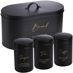 hacaroa set of 4 bread box and canister set for kitchen countertop, metal bread bin sugar tea coffee storage canister with lid, biscuit tin set for loaf, pastry, dry food, black
