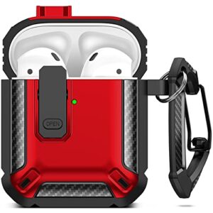 acaget for airpods case, airpods 2nd generation case cover with keychain, secure lock full body protective rugged shockproof hard shell armor case for airpods 1 & 2 supports wireless charge black/red