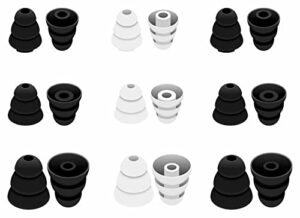 a-focus 9 pairs noise isolation triple three flange ear tips buds plugs gels bud with 4mm inner hole for inside diameter 4mm-4.8mm earbuds in-ear earphones, s/m/l black white