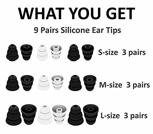 A-Focus 9 Pairs Noise Isolation Triple Three Flange Ear Tips Buds Plugs Gels Bud with 4mm Inner Hole for Inside Diameter 4mm-4.8mm Earbuds in-Ear Earphones, S/M/L Black White