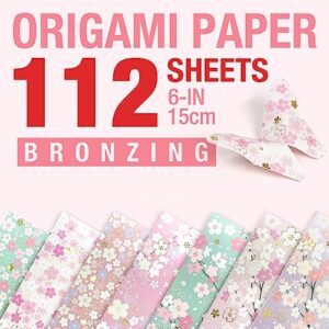 cutblajat 112 sheets heavier origami paper japanese cherry blossom pattern sakura bronzing chiyogami 6" 15cm washi easy fold paper for beginner