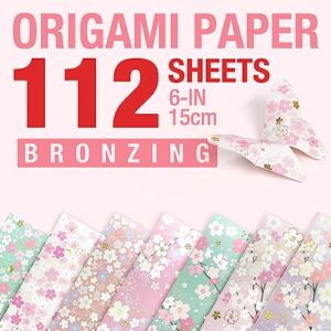 CUTBLAJAT 112 Sheets Heavier Origami Paper Japanese Cherry Blossom Pattern Sakura Bronzing Chiyogami 6" 15cm Washi Easy Fold Paper for Beginner