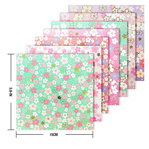 CUTBLAJAT 112 Sheets Heavier Origami Paper Japanese Cherry Blossom Pattern Sakura Bronzing Chiyogami 6" 15cm Washi Easy Fold Paper for Beginner