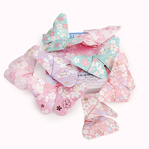 CUTBLAJAT 112 Sheets Heavier Origami Paper Japanese Cherry Blossom Pattern Sakura Bronzing Chiyogami 6" 15cm Washi Easy Fold Paper for Beginner