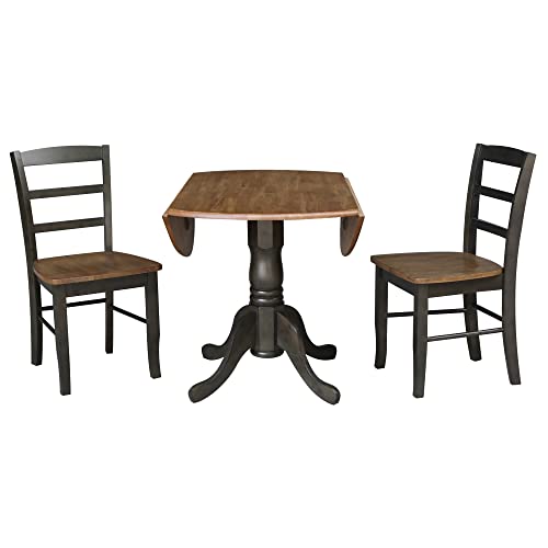 IC International Concepts 42" Dual Drop Leaf Pedestal Dining 2 Table and Chairs, Hickory/Washed Coal