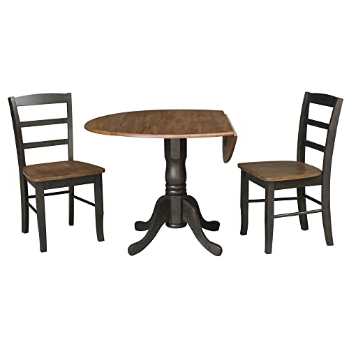 IC International Concepts 42" Dual Drop Leaf Pedestal Dining 2 Table and Chairs, Hickory/Washed Coal