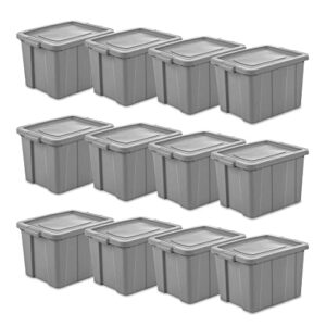 sterilite 16786a06 tuff1 18 gallon plastic stackable bins for use in basement/garage/attic storage tote container w/lid, gray 12 pack