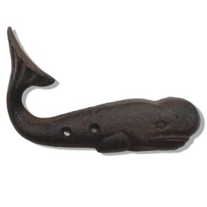 needzo cast iron nautical whale towel hook holder, wall mounted hooks for hanging towels, coats, and more, rustic coastal bathroom decor for beach houses, 5.5 inches