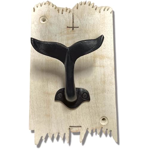 Needzo Cast Iron Nautical Whale Tail Towel Hook Holder on Wooden Board, Wall Mounted Hooks for Hanging Towels, Coats, and More, Rustic Coastal Bathroom Decor for Beach Houses, 7 Inches