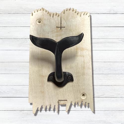 Needzo Cast Iron Nautical Whale Tail Towel Hook Holder on Wooden Board, Wall Mounted Hooks for Hanging Towels, Coats, and More, Rustic Coastal Bathroom Decor for Beach Houses, 7 Inches