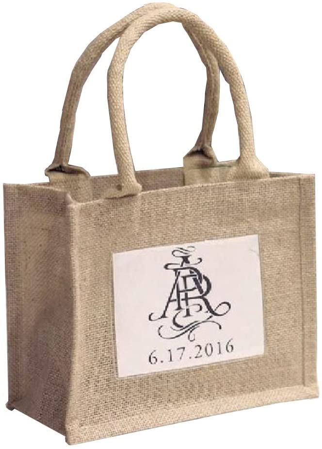 TBF Sturdy Cute Natural Jute Burlap Small Rustic Wedding Welcome Gift Bags with Clear Front Pocket (12 Pack)