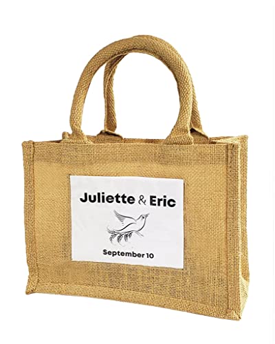 TBF Sturdy Cute Natural Jute Burlap Small Rustic Wedding Welcome Gift Bags with Clear Front Pocket (12 Pack)