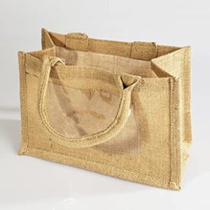 TBF Sturdy Cute Natural Jute Burlap Small Rustic Wedding Welcome Gift Bags with Clear Front Pocket (12 Pack)